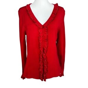 EUC Pursuits Red V Neck Ruffle Beaded Silk Blend Long Sleeve Women’s Cardigan